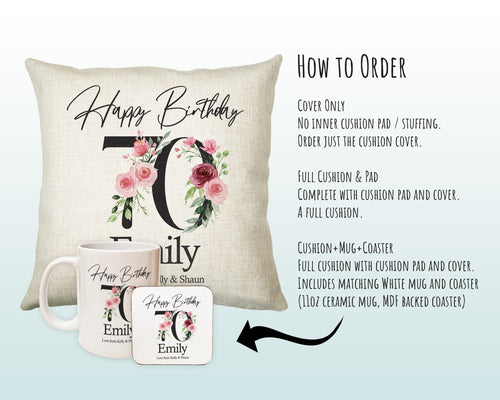 70th Birthday Gift for Women - Personalised Happy Birthday Cushion Age 70 Gift for Her - Ladies Floral Design Mum Nan Gran Seventy BNA70C