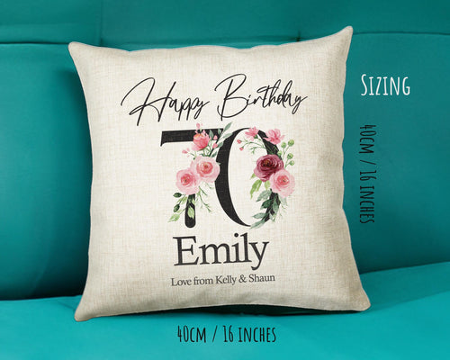 70th Birthday Gift for Women - Personalised Happy Birthday Cushion Age 70 Gift for Her - Ladies Floral Design Mum Nan Gran Seventy BNA70C