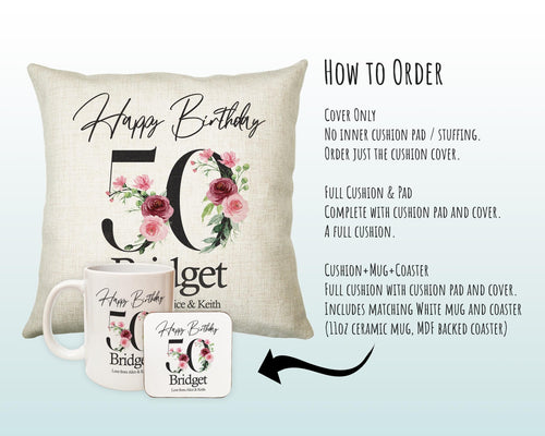 50th Birthday Gift for Women - Personalised Happy Birthday Cushion Age 50 Gift for Her - Ladies Floral Design Mum Nan Sister Fifty BNA50C