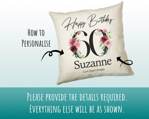 60th Birthday Gift for Women - Personalised Happy Birthday Cushion Age 60 Gift for Her - Ladies Floral Age Design Mum Nan Gran Sixty BNA60C