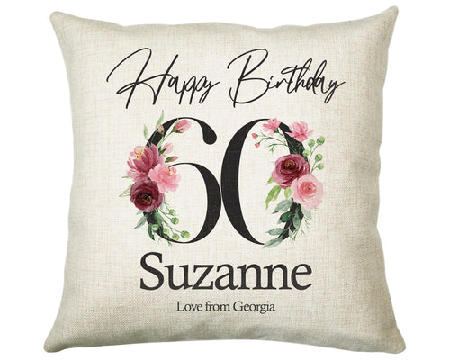 60th Birthday Gift for Women - Personalised Happy Birthday Cushion Age 60 Gift for Her - Ladies Floral Age Design Mum Nan Gran Sixty BNA60C