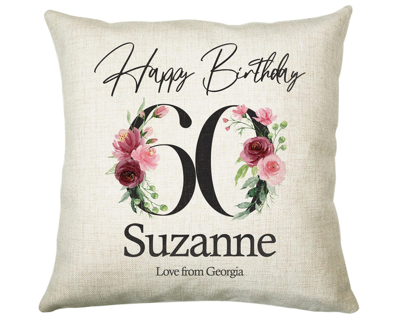 60th Birthday Gift for Women - Personalised Happy Birthday Cushion Age 60 Gift for Her - Ladies Floral Age Design Mum Nan Gran Sixty BNA60C