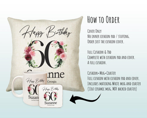 60th Birthday Gift for Women - Personalised Happy Birthday Cushion Age 60 Gift for Her - Ladies Floral Age Design Mum Nan Gran Sixty BNA60C