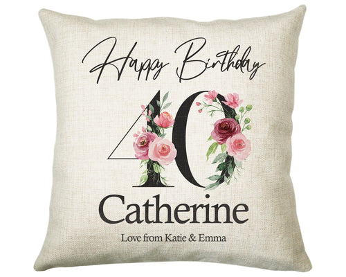 40th Birthday Gift for Women - Personalised Happy Birthday Cushion Age 40 Gift for Her Ladies Floral Design Mum Daughter Sister Forty BNA40C