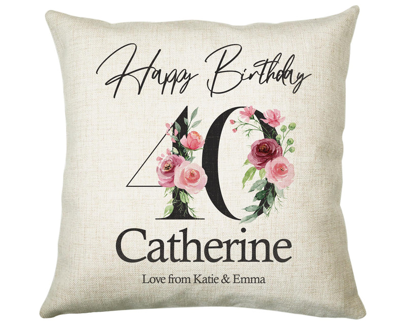 40th Birthday Gift for Women - Personalised Happy Birthday Cushion Age 40 Gift for Her Ladies Floral Design Mum Daughter Sister Forty BNA40C