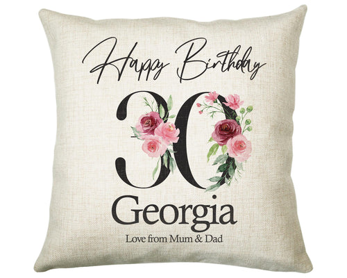 30th Birthday Gift for Her Personalised Happy Birthday Cushion Age 30 Gift for Women Ladies Floral Design Mum Daughter Sister Thirty BNA40C