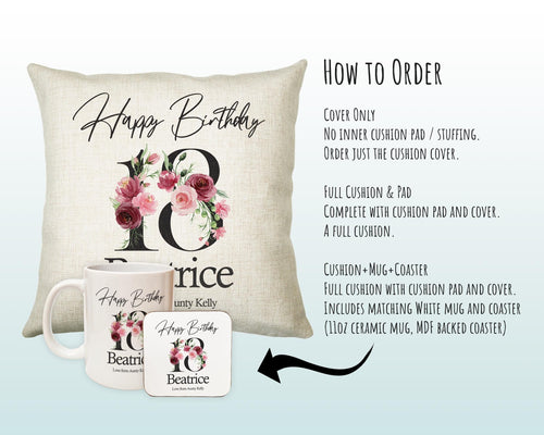 18th Birthday Gift for Women - Personalised Happy Birthday Cushion Age 18 Gift for Her Ladies Floral Design Daughter Sister Eighteen BNA18C