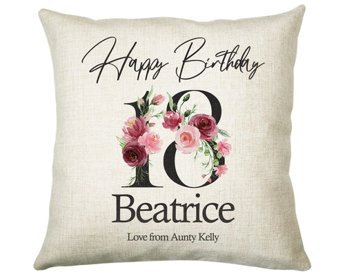 18th Birthday Gift for Women - Personalised Happy Birthday Cushion Age 18 Gift for Her Ladies Floral Design Daughter Sister Eighteen BNA18C