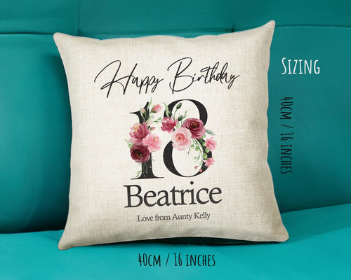 18th Birthday Gift for Women - Personalised Happy Birthday Cushion Age 18 Gift for Her Ladies Floral Design Daughter Sister Eighteen BNA18C