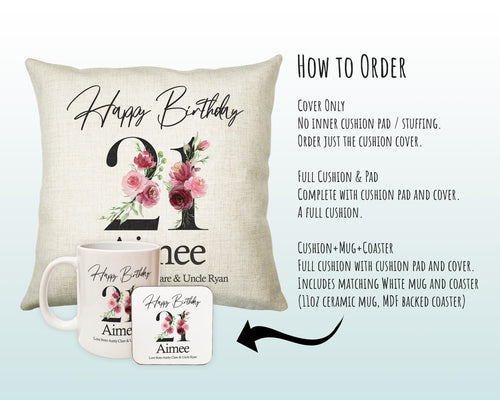 21st Birthday Gift for Women - Personalised Happy Birthday Cushion Age 21 Gift for Her Lady Floral Design Daughter Sister Twenty One BNA21C