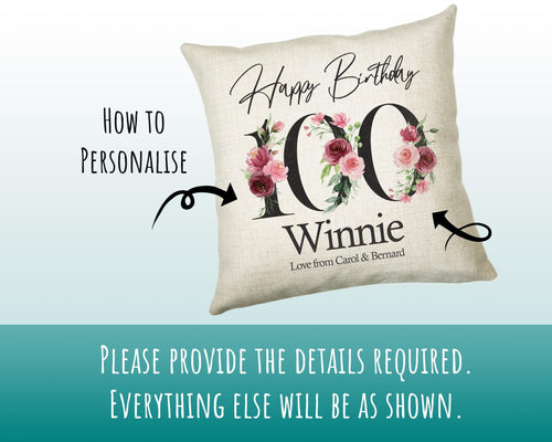 100th Birthday Gift for Women - Personalised Happy Birthday Cushion Age 100 Gift for Her - Ladies Floral Design Nan Gran One Hundred BNA100C