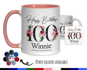 100th Birthday Gift for Women - Personalised Coffee Mug & Coaster Age 100 Gift for Her - Ladies Floral Design Nan Gran One Hundred BNA100M