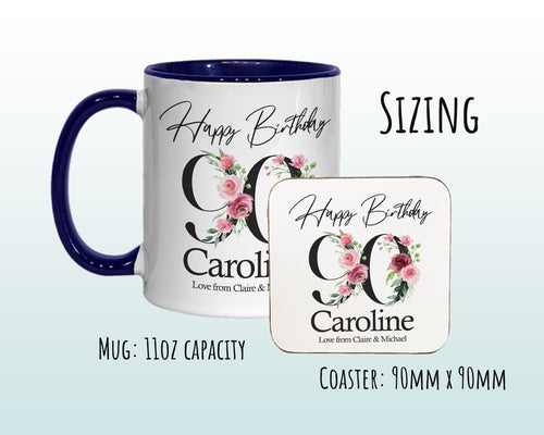 90th Birthday Gift for Women - Personalised Coffee Mug & Coaster - Age 90 Gift for Her - Ladies Floral Age Design Mum Nan Gran Ninety BNA90M