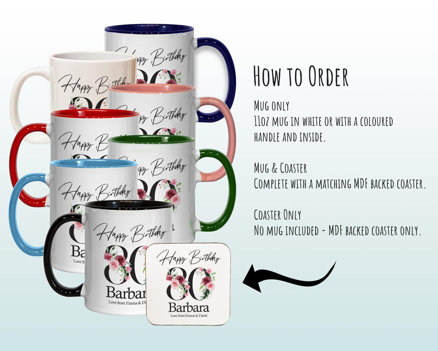 80th Birthday Gift for Women - Personalised Coffee Mug & Coaster - Age 80 Gift for Her - Ladies Floral Age Design Mum Nan Gran Eighty BNA80M