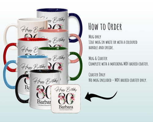 80th Birthday Gift for Women - Personalised Coffee Mug & Coaster - Age 80 Gift for Her - Ladies Floral Age Design Mum Nan Gran Eighty BNA80M