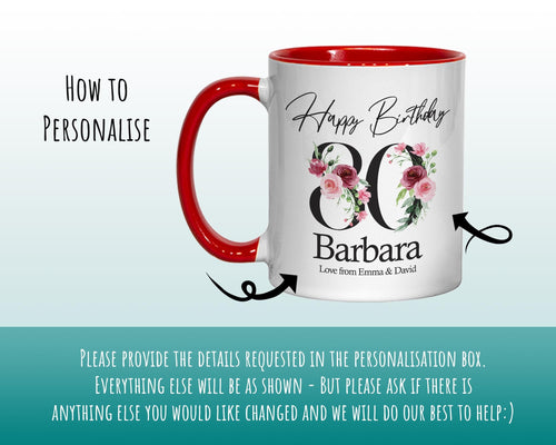 80th Birthday Gift for Women - Personalised Coffee Mug & Coaster - Age 80 Gift for Her - Ladies Floral Age Design Mum Nan Gran Eighty BNA80M