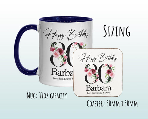 80th Birthday Gift for Women - Personalised Coffee Mug & Coaster - Age 80 Gift for Her - Ladies Floral Age Design Mum Nan Gran Eighty BNA80M