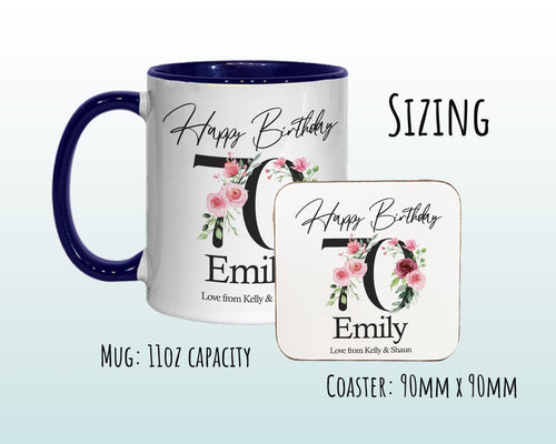 70th Birthday Gift for Women - Personalised Coffee Mug & Coaster - Age 70 Gift for Her Ladies Floral Age Design Mum Nan Gran Seventy BNA70M