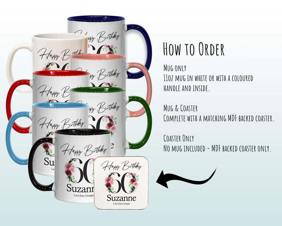 60th Birthday Gift for Women - Personalised Coffee Mug & Coaster - Age 60 Gift for Her - Ladies Floral Age Design Mum Nan Gran Sixty BNA60M