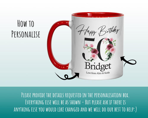 50th Birthday Gift for Women - Personalised Coffee Mug & Coaster - Age 50 Gift for Her - Ladies Floral Age Design Mum Daughter Fifty BNA50M