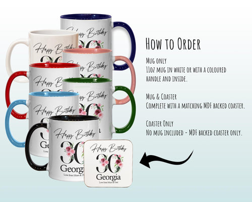30th Birthday Gift for Her - Personalised Coffee Mug & Coaster - Age 30 Gift for Women - Ladies Floral Age Design Mum Daughter Thirty BNA30M
