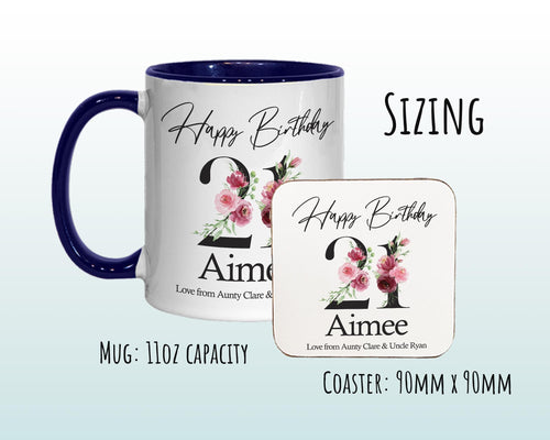 21st Birthday Gift for Women - Personalised Coffee Mug & Coaster - Age 21 Gift for Her - Ladies Floral Age Design Daughter Twenty One BNA21M