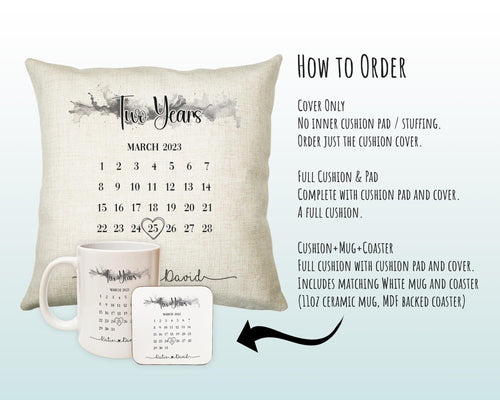 Personalised 2nd Anniversary Cotton Gift Cushion - Two Years Custom Calendar Design - Wedding Present Cushion Pillow Gift Couple CS558