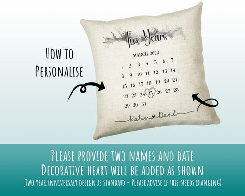 Personalised 2nd Anniversary Cotton Gift Cushion - Two Years Custom Calendar Design - Wedding Present Cushion Pillow Gift Couple CS558