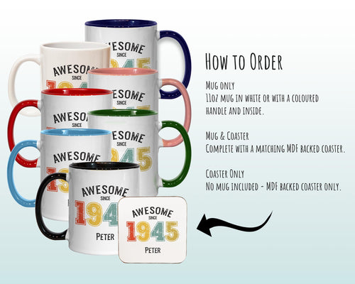 80th Birthday Gift for Men - Awesome Since 1946 Personalised Coffee Mug Coaster Age 80 Gift for Him - Retro Number Design Dad Grandad BNG80M