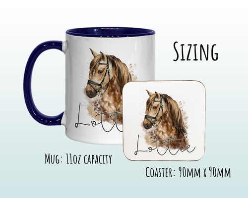 Personalised Horse Mug Gift - Great Gift for Horse Riders - Equestrian Mug & Coaster - Pony Horse Gifts for Her Watercolour Design MGZ049