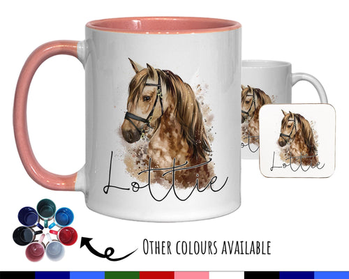 Personalised Horse Mug Gift - Great Gift for Horse Riders - Equestrian Mug & Coaster - Pony Horse Gifts for Her Watercolour Design MGZ049