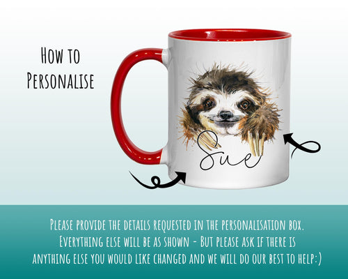 Personalised Sloth Mug Gift - Great Gift for Sloth Lovers - Animal Lovers Mug & Coaster - Sloth Gifts for Her Watercolour Design MGZ079
