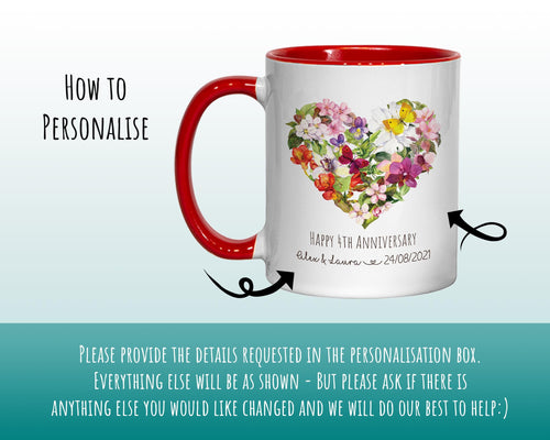 Personalised 4th Anniversary Mug Gift - Great Gift for Couples - Fourth Wedding Anniversary Mug & Coaster Floral Design for Mr Mrs MGZ374