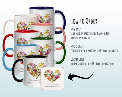 Personalised 4th Anniversary Mug Gift - Great Gift for Couples - Fourth Wedding Anniversary Mug & Coaster Floral Design for Mr Mrs MGZ374