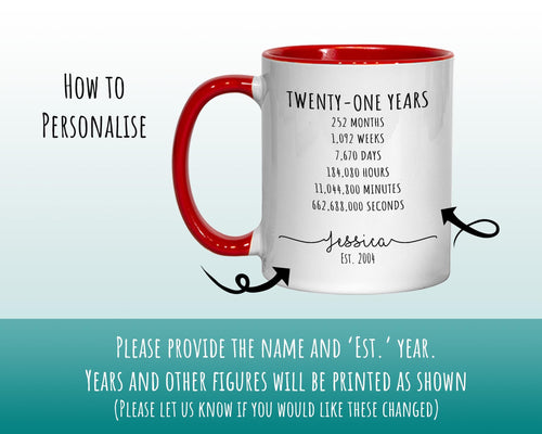 21st Birthday Gift for Her - Personalised Birthday Coffee Mug Coaster Age 21 Gift for Women Lifetime Design Daughter Sister TwentyOne BNE21M