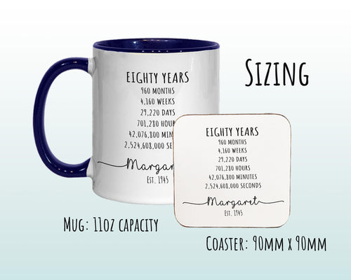 80th Birthday Gift for Her - Personalised Birthday Coffee Mug Coaster Age 80 Gift for Women Lifetime Design Mum Nan Sister Eighty BNE80M
