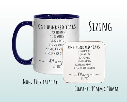 100th Birthday Gift for Her - Personalised Birthday Coffee Mug Coaster Age 100 Gift for Women Lifetime Design Mum Nan Sister Hundred BNE100M