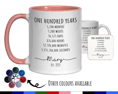 100th Birthday Gift for Her - Personalised Birthday Coffee Mug Coaster Age 100 Gift for Women Lifetime Design Mum Nan Sister Hundred BNE100M