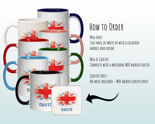Personalised Union Jack Mug Gift - Great Gift for British UK Citizenship Visitor - Watercolour Flag Design Mug & Coaster MGZ369