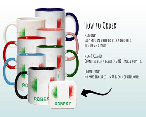 Personalised Italian Flag Mug Gift - Great Gift for Italy Citizenship Visitor Mediterranean - Watercolour Flag Design Mug & Coaster MGZ366