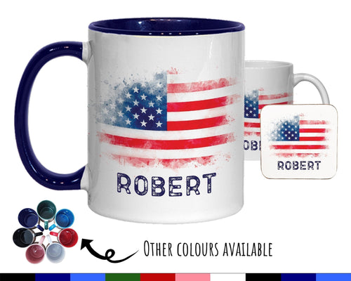 Personalised USA Flag Mug Gift - Great Gifts for Americans Citizenship  - Watercolour Star Spangled Banner Flag Design Mug & Coaster MGZ365
