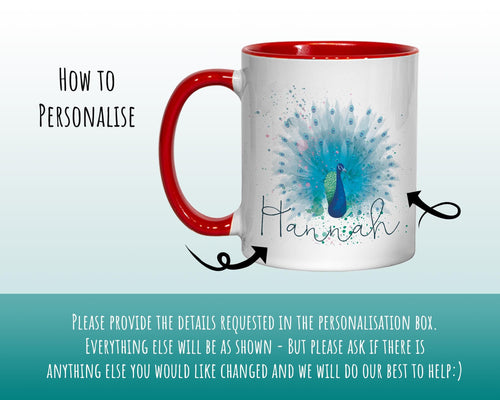 Personalised Peacock Mug Gift - Great Gifts for Animal Bird Lovers - Watercolour Peacock Feathers Plumage Design Mug & Coaster MGZ382