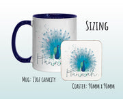 Personalised Peacock Mug Gift - Great Gifts for Animal Bird Lovers - Watercolour Peacock Feathers Plumage Design Mug & Coaster MGZ382