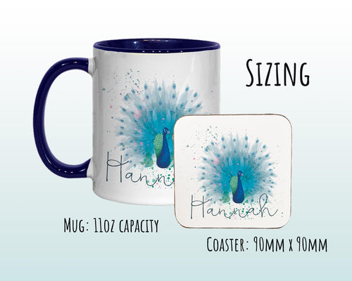Personalised Peacock Mug Gift - Great Gifts for Animal Bird Lovers - Watercolour Peacock Feathers Plumage Design Mug & Coaster MGZ382