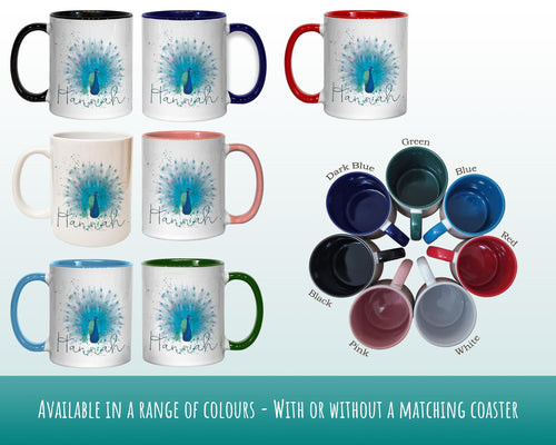 Personalised Peacock Mug Gift - Great Gifts for Animal Bird Lovers - Watercolour Peacock Feathers Plumage Design Mug & Coaster MGZ382