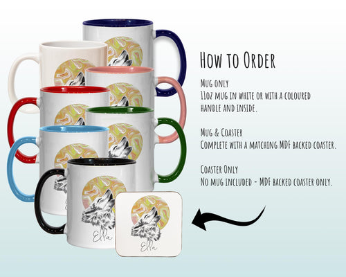 Personalised Howling Wolf Mug Gift - Great Gifts for Animal and Wolf Lovers - Watercolour Wolf and Full Moon Design Mug & Coaster MGZ405