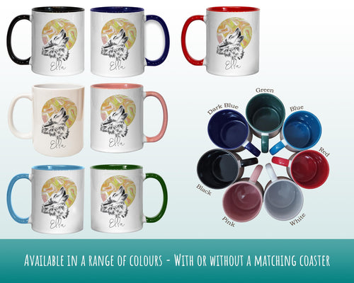 Personalised Howling Wolf Mug Gift - Great Gifts for Animal and Wolf Lovers - Watercolour Wolf and Full Moon Design Mug & Coaster MGZ405