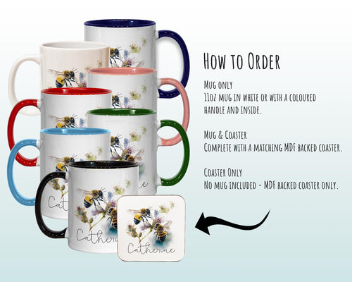 Personalised Bumble Bee Mug Gift - Great Gifts for Bee Lovers - Watercolour Honey Bee and Flowers Design Mug & Coaster MGZ526