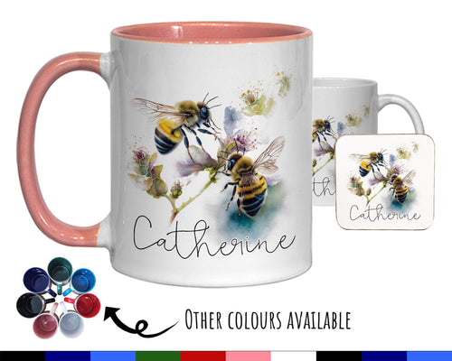 Personalised Bumble Bee Mug Gift - Great Gifts for Bee Lovers - Watercolour Honey Bee and Flowers Design Mug & Coaster MGZ526
