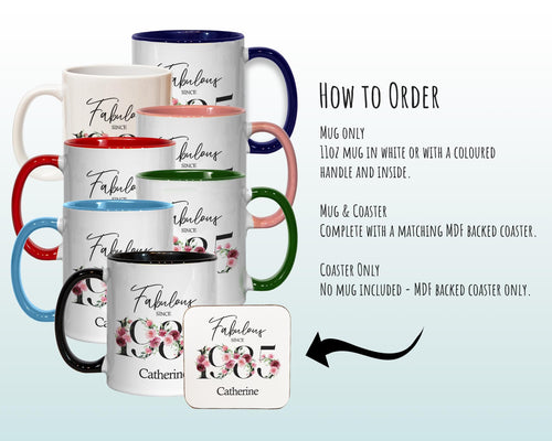 40th Birthday Gift for Women - Fabulous Since 1986 Personalised Coffee Mug Coaster Age 40 Gift for Her - Ladies Floral Design Mum Nan BNC40M